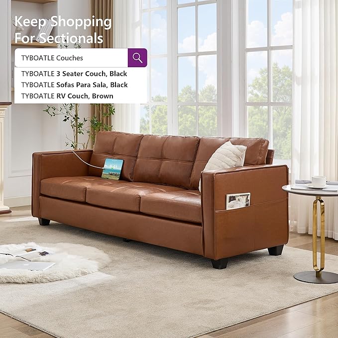 TYBOATLE 88 W Faux Leather Couches for Living Room w/Side Pockets Mid-Century Modern Tufted Comfy Leather Couch w/USB and Wider Arms 3 Seater Sofa for Office Apartment Bedroom