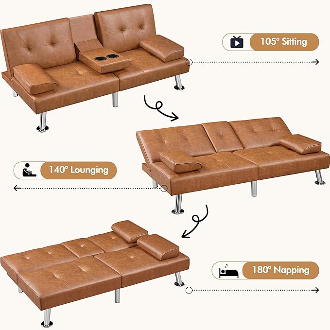 Yaheetech Convertible Sofa Bed Adjustable Couch Sleeper Modern Faux Leather Home Recliner Reversible Loveseat Folding Daybed Guest Bed Removable Armrests Cup Holders 3 Angles 772lb Capacity Brown