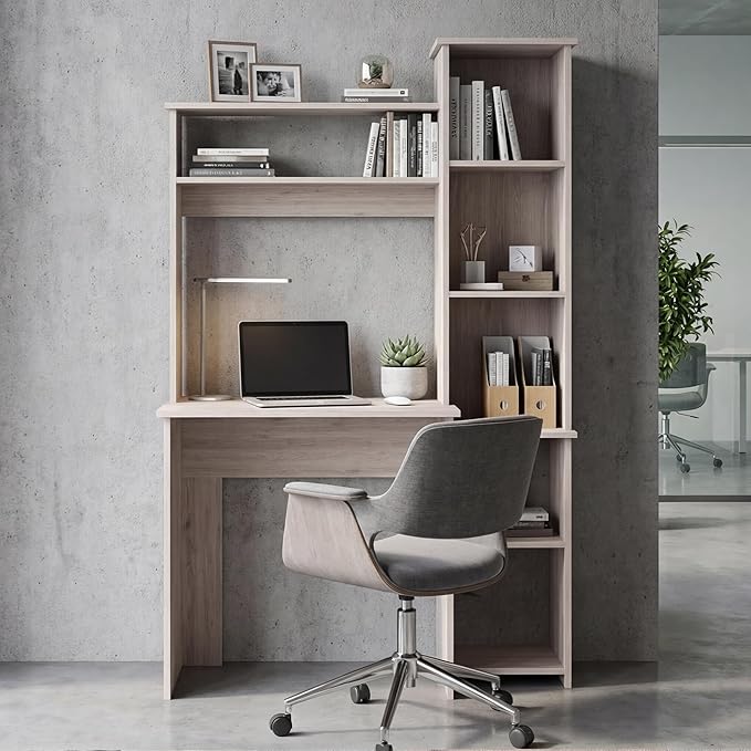 Tuhome Versalles Writing Desk with Two Superior Shelves Five Side Open Storage Compartments Space-Saving Modern Workstation Design for Studios and Offices Ideal for Organization