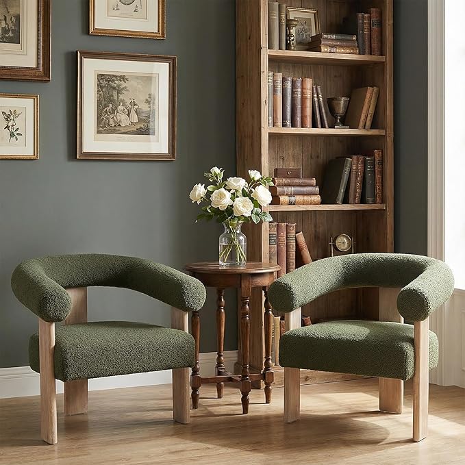 VKNOW Accent Chair Living Room Chairs Set of 2 Modern Upholstered Arm Chair with Solid Wood Legs Comfy Barrel Accent Chairs for Living Room Bedroom Green