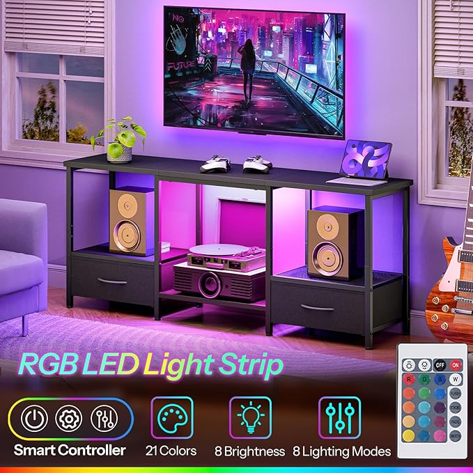 HOOBRO LED TV Stand with Storage LED Entertainment Center with Open Shelves and Drawer Fits TVs up to 55 Television Stand for Living Room Bedroom Black BB123DDS01G1