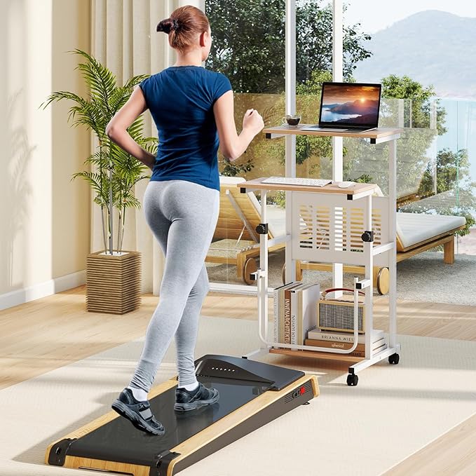 Tangkula Adjustable Standing Desk Mobile Rolling Computer Desk with Storage Shelf Portable Laptop Table with Footrest Mesh Panel Lockable Wheels Sit Stand Workstation for Home Office