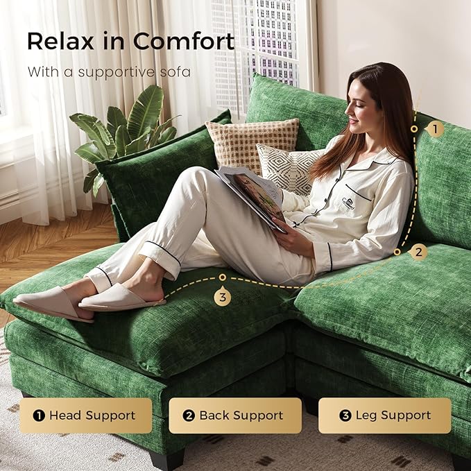 KKL 91.3 Modular Sectional Sofa L-Shaped 4 Seater Cloud Couch with Ottoman Chenille Modern Sectional Couches for Living Room Apartment Green