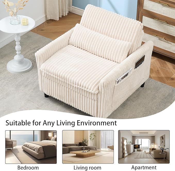 3-in-1 Convertible Sofa Chair BedPull Out Couch Single Sleeper Chair Bedwith Adjustable Backrest with Side Pockets Lounge Sofa for Living Room Bedroom Small Spaces (Beige)