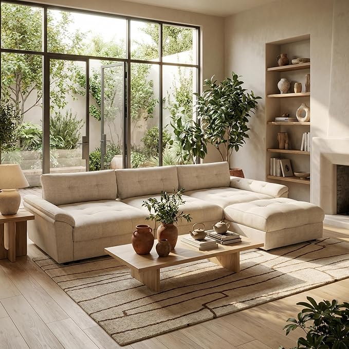 Oversized Modular Sectional Sofa with Adjustable Back Modern Comfy Sectional Couch with Storage Ottoman Deep Seat Chenille Cloud Couch for Living Room 3 Seater with Ottoman Beige