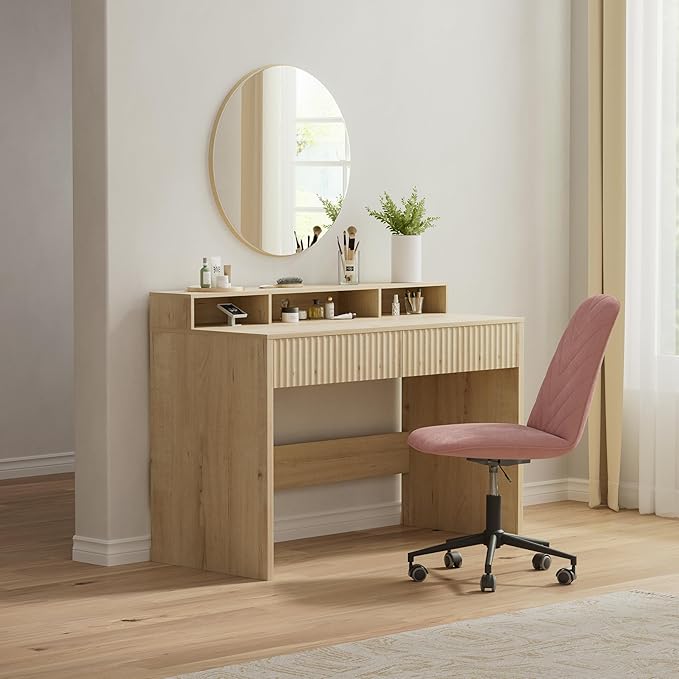 47 Executive Desk with Fluted Drawer Modern Wood Home Office Desk with Long Monitor Stand and 2 Drawers Computer Writing Desk for Study Office Vanity Light Oak