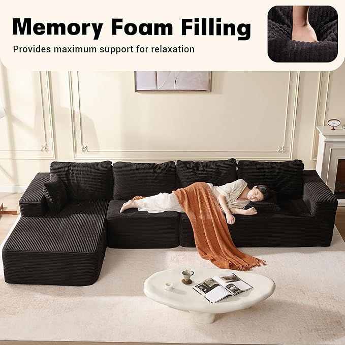 138 Boneless Couch with Deep Seat Set of Modular Sectional Sofa Cloud Sectional Couch for Living Room No Assembly Required Corduroy 4 Seater L-Shape Left Black