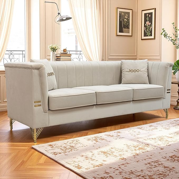 83.46 Upholstered Chesterfield Couch Modern 3 Seater Sofa with Tufted Back and Square Arms Wood Leg Nailhead Sofa for Living Room/Office/Apartment/Small Space Beige Velvet