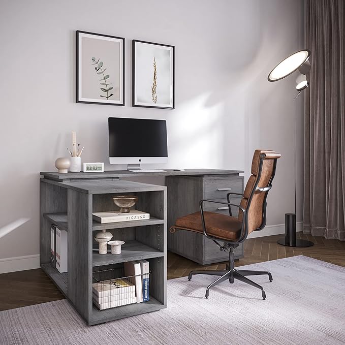 BELLEZE L Shaped Computer Desk 60” Study Writing Table Home Office Desk Morden Corner Workstation Setup with Adjustable Storage Shelves and 3 Drawers Gray Wash