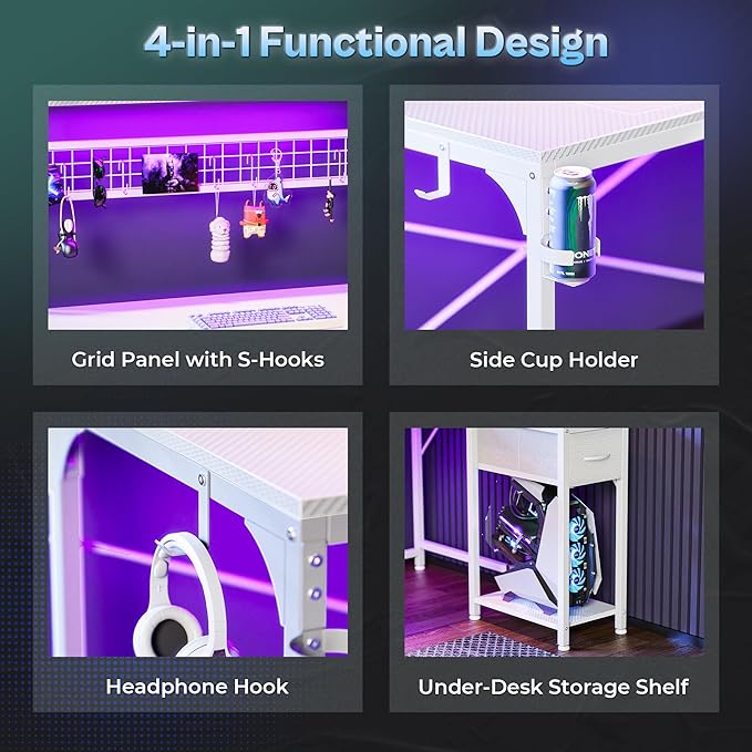 PRAISUN L Shaped Gaming Desk with Shelves Corner Computer Table with LED Lights Power Outlets and USB-C Ports 50 Inch Reversible Home Office Desk with Storage Drawer for Work and Study White