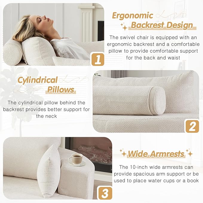 55 W Oversized Round Swivel Accent Barrel Chair360 Degree Chenille Upholstered Comfy Chaise Lounge Chair IndoorModern Deep Seat Single Sofa Armchair for Living RoomApartmentOffice(GridBeige)