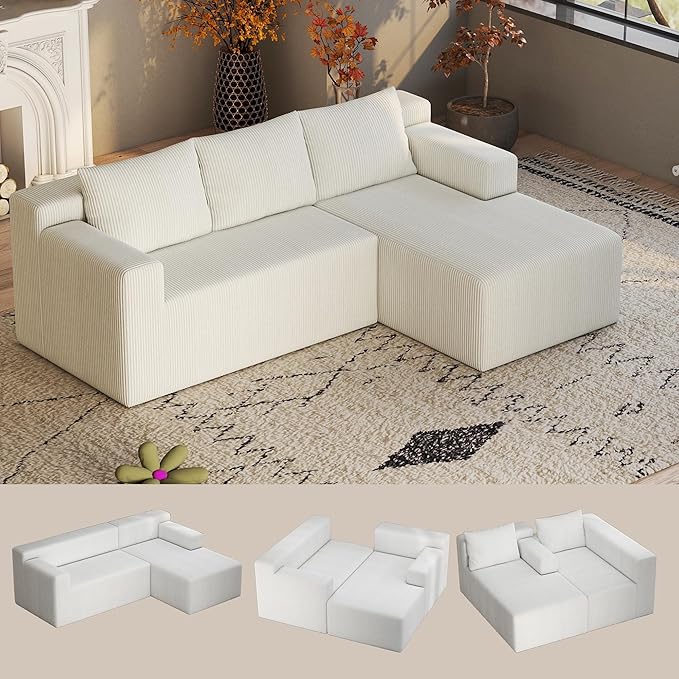 Boneless Couch with L Shaped Chaise Sectional Cloud Sofa with High Backrest Corduroy Memory Foam Couch No Assembly Cloud Couches for Living Room Apartment（White Right Facing Chaise）