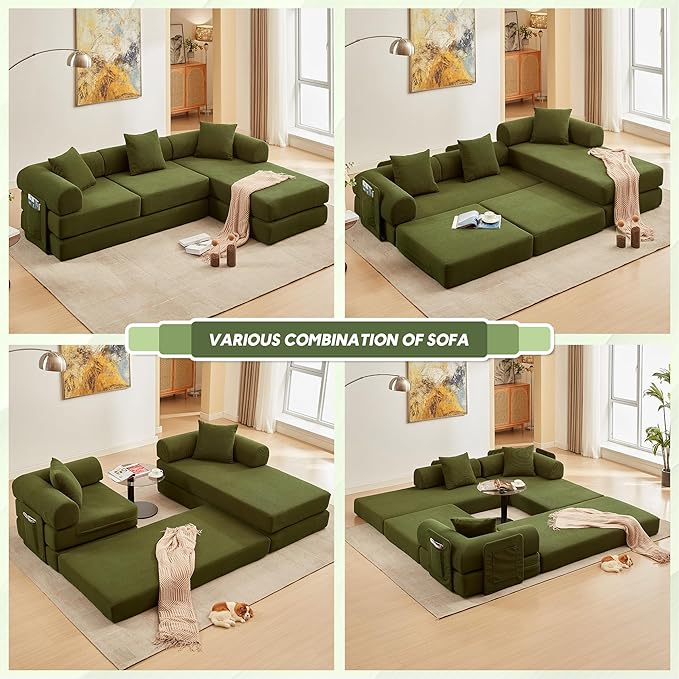 L Shaped Convertible Modular Sofa Bed with Cylindrical Pillow &amp Reversible Chaise Corduroy Folding Floor Sofa Couch Bed with Fixed-Shape Frame &amp Storage Pocket for Living Room Green
