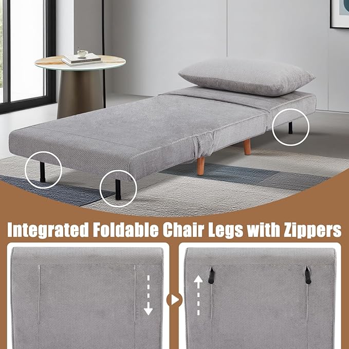 3 in 1 Sleeper Chair Bed Foldable Convertible Chair with Thickened Cushion and Sponge OTE Chenille Fabric Adjustable Backrest Upholstered Accent Chair for Apartment/Bedroom/Office - Light Gray