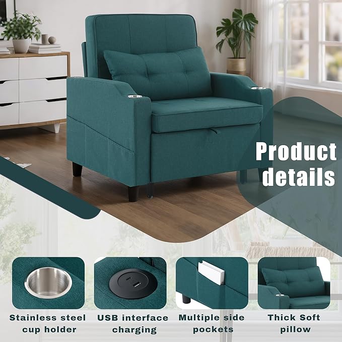 Sleeper Chair 5-in-1 Convertible Chair Bed Pull Out Adjustable Single Armchair Sofa Bed with USB PortsSide PocketCup Holder (Green)