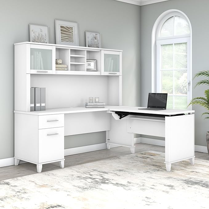 Bush Furniture Somerset 72W 3 Position Sit to Stand L Shaped Desk with Hutch in White | Adjustable Height Table for Home Office