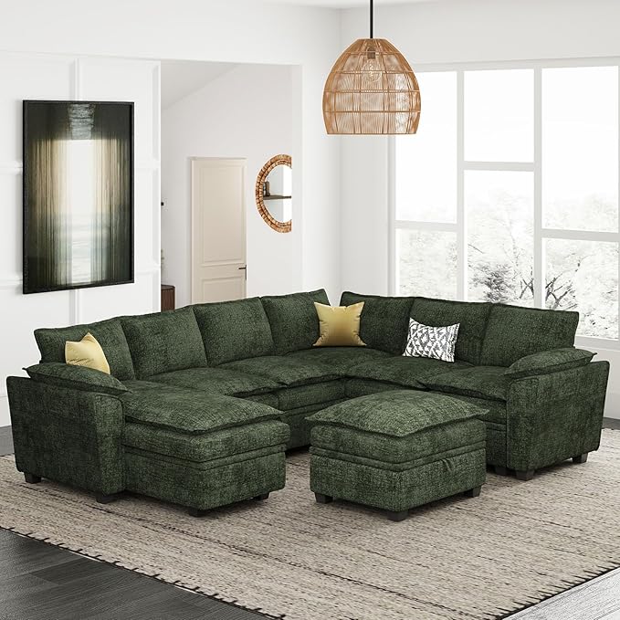 Belffin Double Seat Module 2-Seater Sofa with Storage for Chenille Modular Sectional Sleeper Sofa Pullout Couch Green