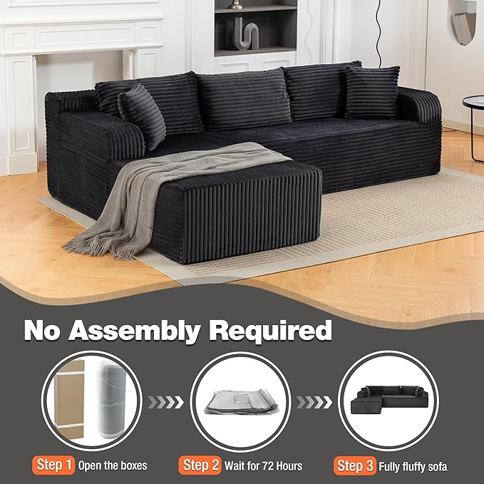 106” Cloud Modular Sectional Sofa with L-Shape Chaise and Deep Seat Corduroy Memory Foam Boneless Compressed Couch for Living Room No Assembly Required(Left Facing Chaise Dark Grey)
