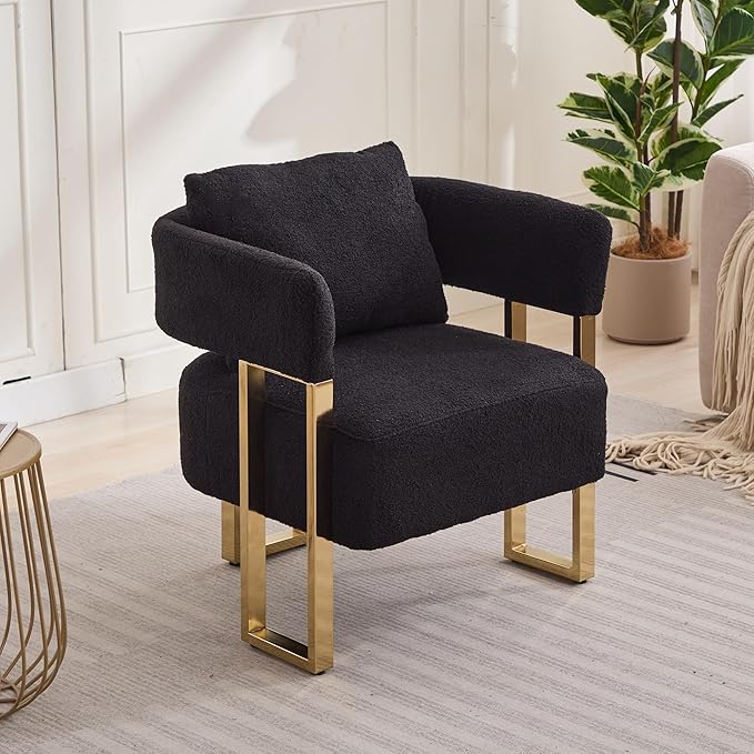 YITAI Modern Accent Chairs no Wheels Living Room Side Chairs Set of 2 with Golden Metal Legs Barrel Soft Teddyt Upholstered Reading Armchairs for OfficeReception RoomBedroomLoungeBlack