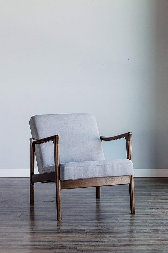 Alpine Furniture Zephyr Mid-Century Retro Accent Lounge Chair Wooden Arm Upholstered Back Living Room Furniture 33 W x 27.5 D x 29 H Walnut Finish/Pebble Upholstery