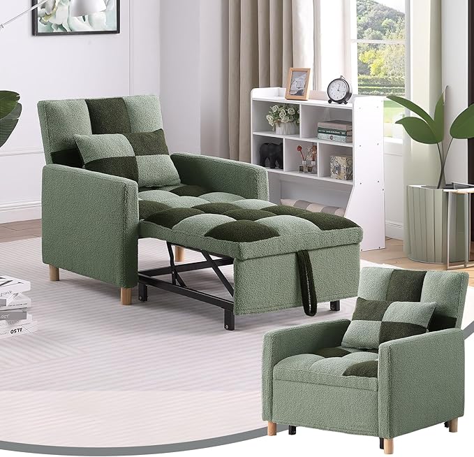 3-in-1 Sleeper Chair Bed for Living RoomConvertible Pull Out Chair Bed with Adjustable BackrestMulti-Functional Sofa Bed for Living Room (Green)