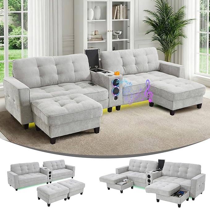 126 U Shaped Cloud Couch Sectional with Storage Ottomans Modular Sectional Sofa with Console for Living Room Modern Comfy Couch with Bluetooth Speaker/LED Light/Charging Station (Light Grey)