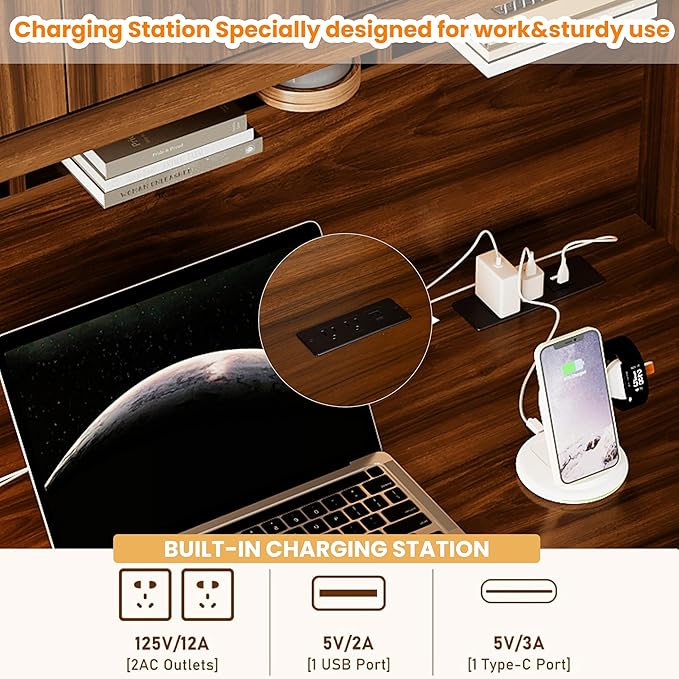 47'' Retro Home Office Desk with Charging Ports and Hutch Cabinet Wooden Executive Computer Desk with 5 Storage Drawers and Transparent Glass-Door Bookshelf for Home Office Bedroom (Walnut-04)