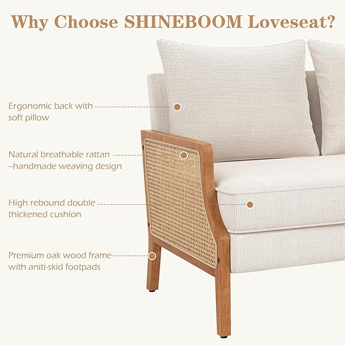 Loveseat Sofa Couches with Rattan Arms and Pillows for Living Dining Room Bedroom Office Entryway Small Spaces Ivory