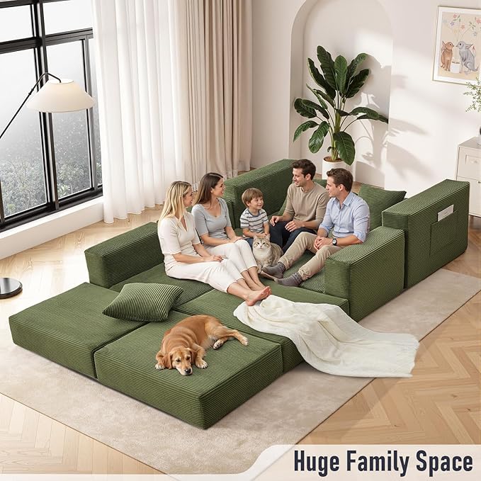 102 Upgraded L-shaped Modular Sectional Couches for Living Room Convertible Oversized Sleeper Sofa Bed-Luxury 1.5 Queen Bed. 11-in-1 Multifunctional Corduroy Boneless Folding Futon Couch Green.