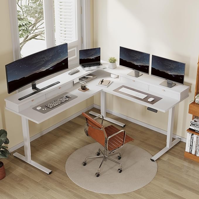 FLEXISPOT 71 Large L Shaped Standing Desk Electric Corner Table with Shelf 4 Storage Drawers Adjustable Computer Workstation for Home Office Game Studio White Top + White Frame