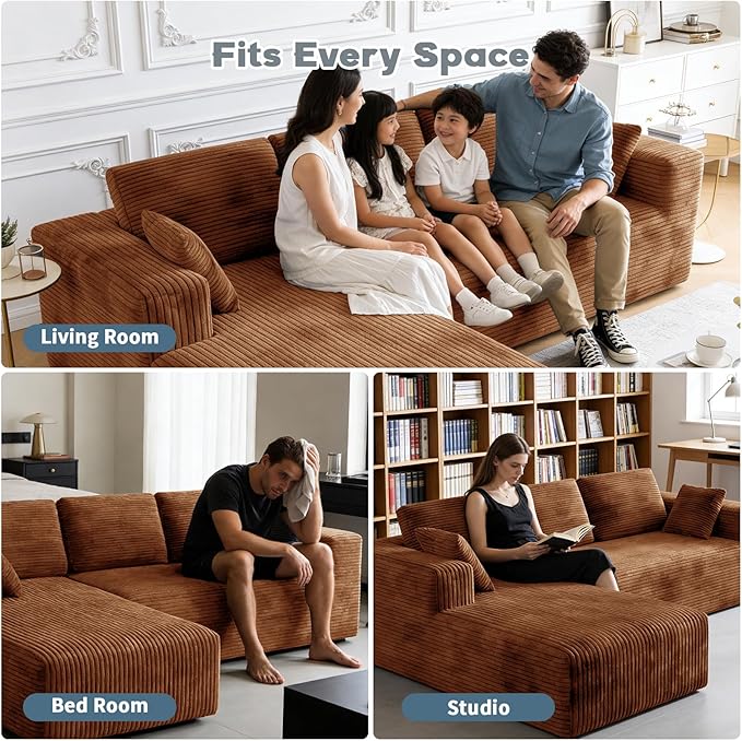 106 Corduroy Sectional Couch Boneless L Shaped Couch with Deep Seat Cloud Foam Sofa with Oversized Chaise Sectional Sofa No Assembly Needed for Living Room