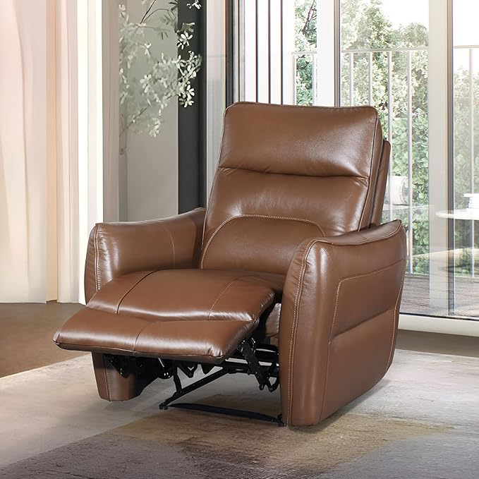 Furniture of America Areme Leather Match 38.5-inch Power Recliner Chair with Welt Trim Arms &amp Single Power 2.0 High Density Foam and Pocketed Coil Spring for Living Room Office Caramel Brown