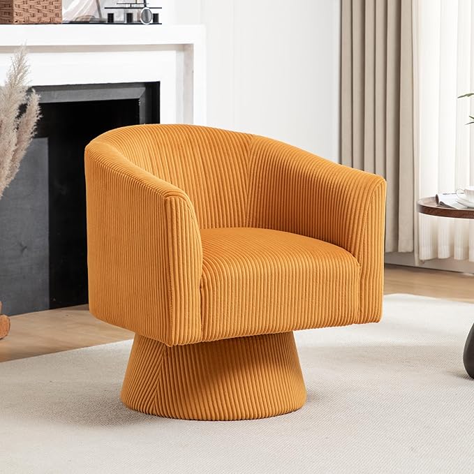 Swivel Accent Chair Modern 360° Barrel Chair Corduroy Upholstered Single Sofa for Living Room Bedroom(Mustard)