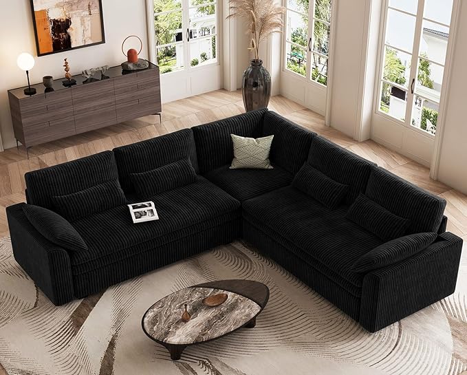 Belffin Large Modular Sectional Sofa with Double 61 Loveseat Corduroy Corner Couch with 9 Soft Dual-Layer Seats Cushion for Living Room Apartment Small Sapce Black