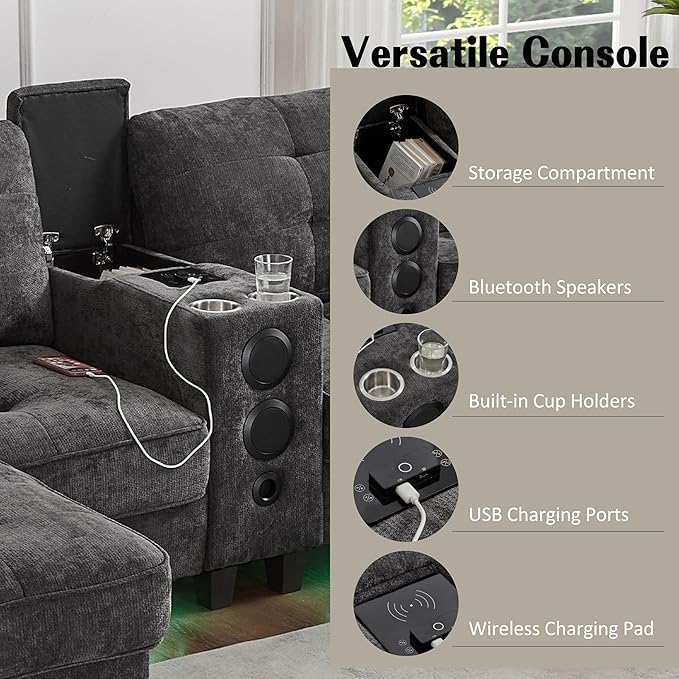 Merax Modern U-Shaped Sectional Sofa with Cupholders Charging Station and Multifunctional Console Chenille Upholstered Modular Couch &amp Movable Storage Ottomans for Living Room Apartment Grey