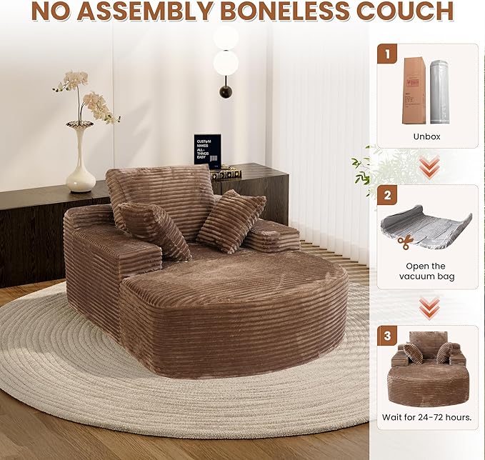 Oversized D-Shape Lounge Chair Indoor Single Foam Upholstered 67-inch Corduroy Boneless Deep Seat Circle CouchCloud Couch Lounge Floor Sofa Chair for Reading Room Brown