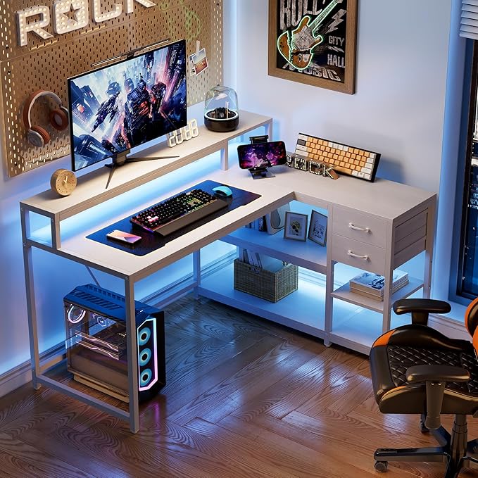 LITTLE TREE 55-Inch L-Shaped Computer Desk Reversible Computer Desk with Drawers and Storage Shelves Corner Desk Gaming Desk Work Desk for Home Office White