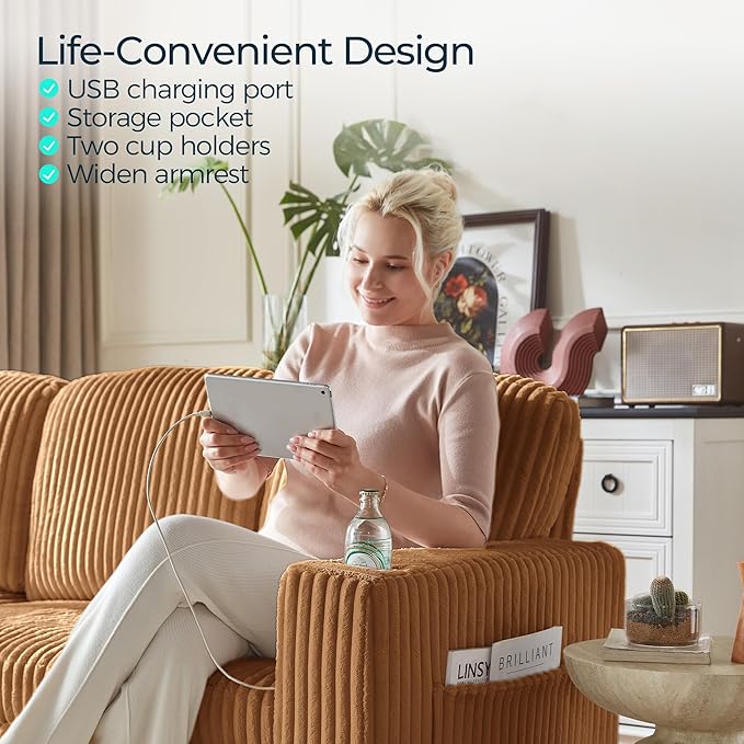 LINSY HOME Loveseat Sofa with Pull Out Couch Chaise: 2-in-1 Convertible 2 Seater Sofa with USB Charging &amp Cup Holders Comfy Plush Corduroy Love Seat for Small Spaces Living Room Apartment Brown