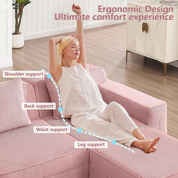 Boneless Couch153.5 No Assembly L Shaped Oversize Modular Sectional Cloud CouchSolid Foam Corduroy Sofa with Ottoman for Living Room (Pink Corduroy4 Seats with Ottoman)