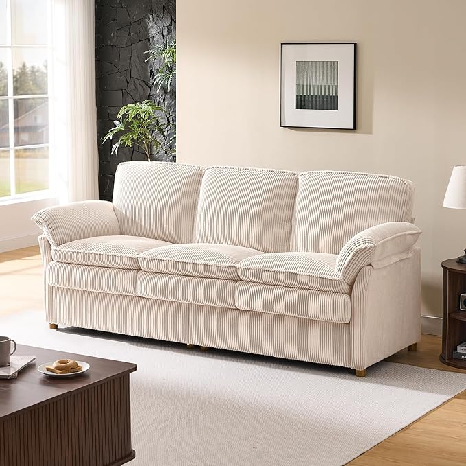 ONBRILL 86.6 Corduroy Couches for Living Room Comfy 3 Seater Sofa with Pillow-Top Armrest &amp Dual-Layer Cushions Mid Century Modern Couch for Bedroom Apartment Beige