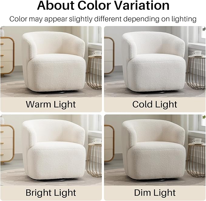 Swivel Accent Chair Sherpa Teddy Barrel Chair for Living Room Cozy Round Boucle Arm Chair Metal Base for Club Nursery Bedroom Beige Cream White