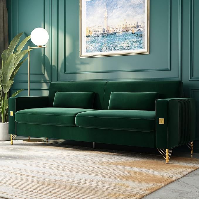 85 Velvet SofaMid-Century Modern Chesterfield 3 Seat Comfy Couch with Pillows Set of 2 for Living RoomBedroomApartment Furniture with Gold Metal Legs (P18-Green)