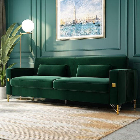 85 Velvet SofaMid-Century Modern Chesterfield 3 Seat Comfy Couch with Pillows Set of 2 for Living RoomBedroomApartment Furniture with Gold Metal Legs (P18-Green)