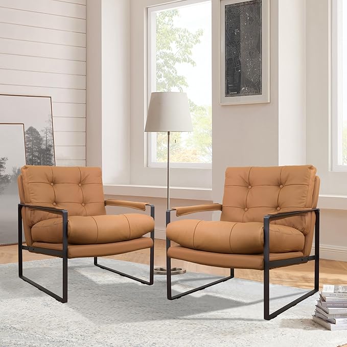 Art Leon Genuine Leather Accent Chair Mid Century Modern Arm Chair with Black Metal Frame Single Sofa Chair for Living Room Bedroom Gray