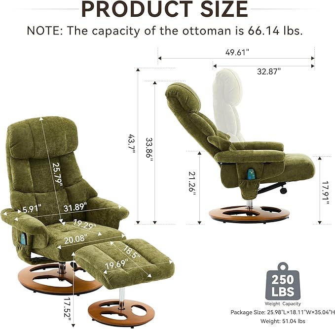 FOXHUNTER Chenille Recliner Chair with Ottoman Modern Massage Swivel Lounge 360° Swivel Rocker Recliner Comfy Modern Accent Arm Chairs for Living Room Bedroom (ChenilleGreen)