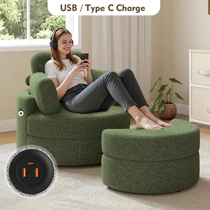 MEISSALIVVE Swivel Accent Chair with Half Moon Ottoman Round Chairs with Drawer Storage for Living Room 360° Barrel Chair with USB Charging Port (Teddy Fabric Green)