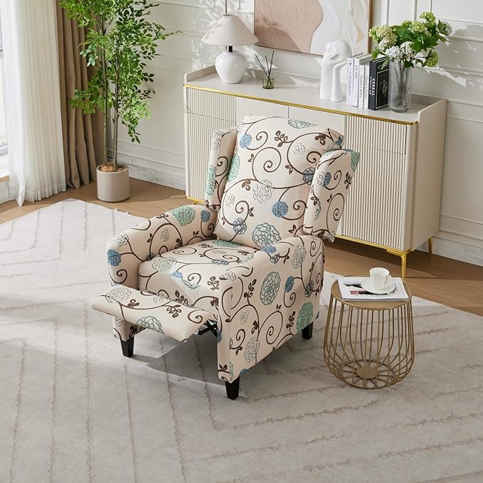 Push Back Recliner Chair with High Back Blue Floral Print Fabric Upholstery Classic Wing Back Design 250 LBS Capacity (Beige)