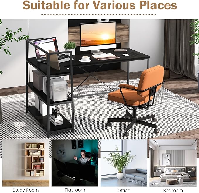 COSTWAY 59 Inch L-Shaped Computer Desk Large Reversible Corner Desk with Open Storage Shelves Space-Saving Writing Study Table PC Laptop Gaming Desk for Home Office (Black)