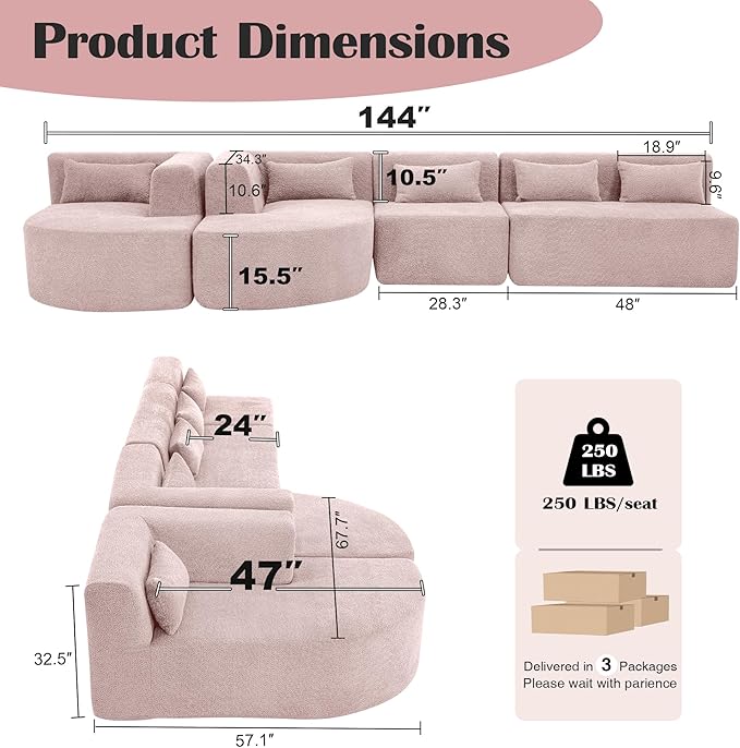 144 Sectional Couches for Living Room Comfy U-Shaped Cloud Couch with Chaise Lounge Modern Deep Seat Boneless Sofa No Assembly Required (Boucle Pink)