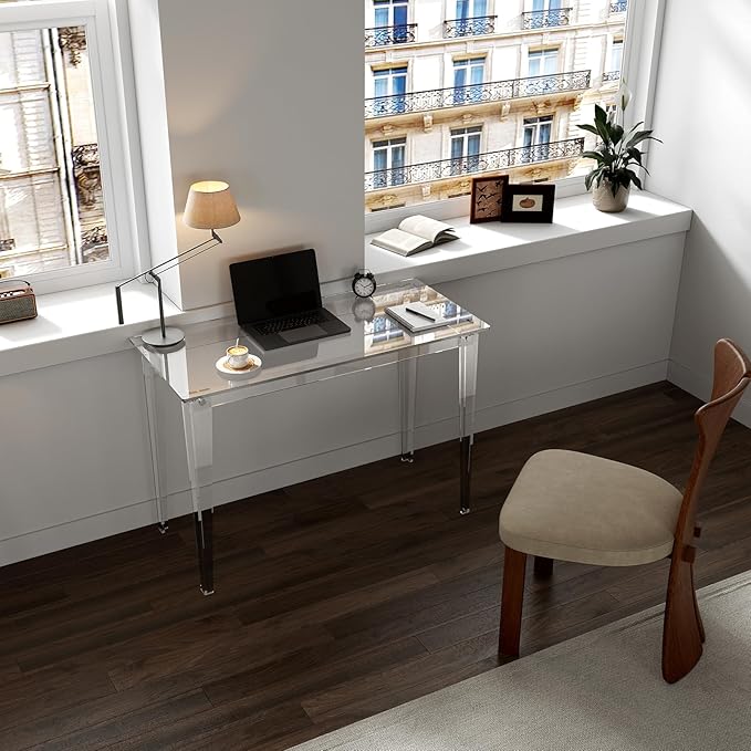 HMYHUM Acrylic Computer Desk 43.3 Inch Clear Study Desk for Home Office Writing Vanity Modern Easy Assembly 19.7 W x 29.5 H Right-Angle Legs Design
